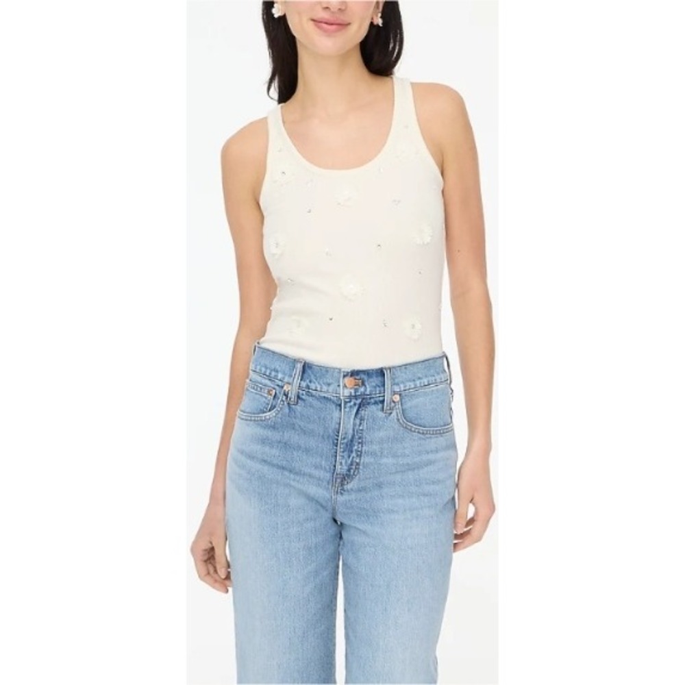 J. Crew Women's Ribbed Tank Top with Floral Appliqué‎ and Sequins Size L NWT $70